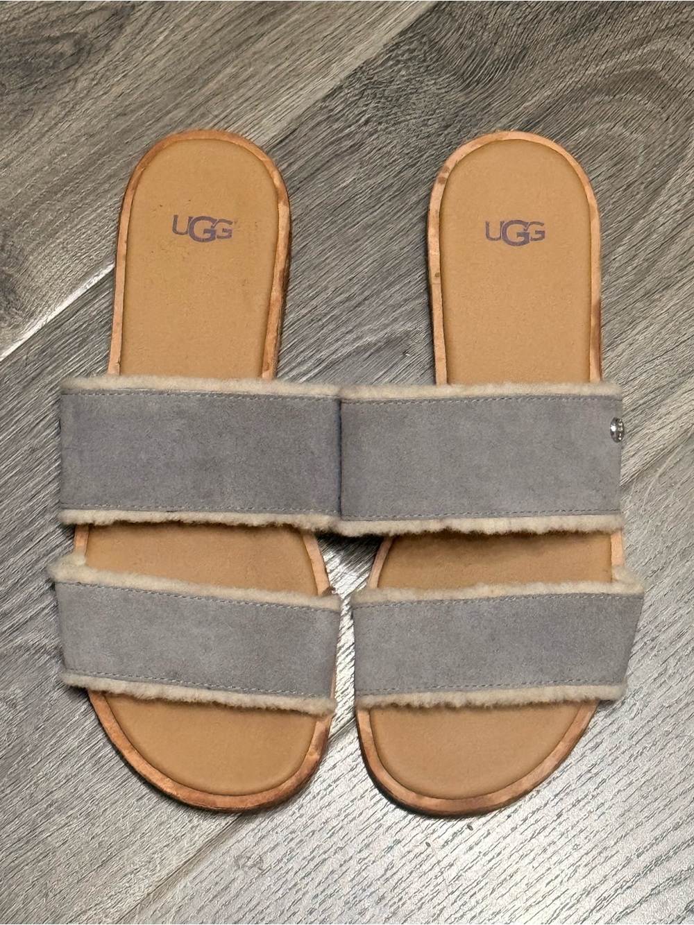 UGG Evalita Light Gray Shearling Double-Strap Slide Sandals size 8
